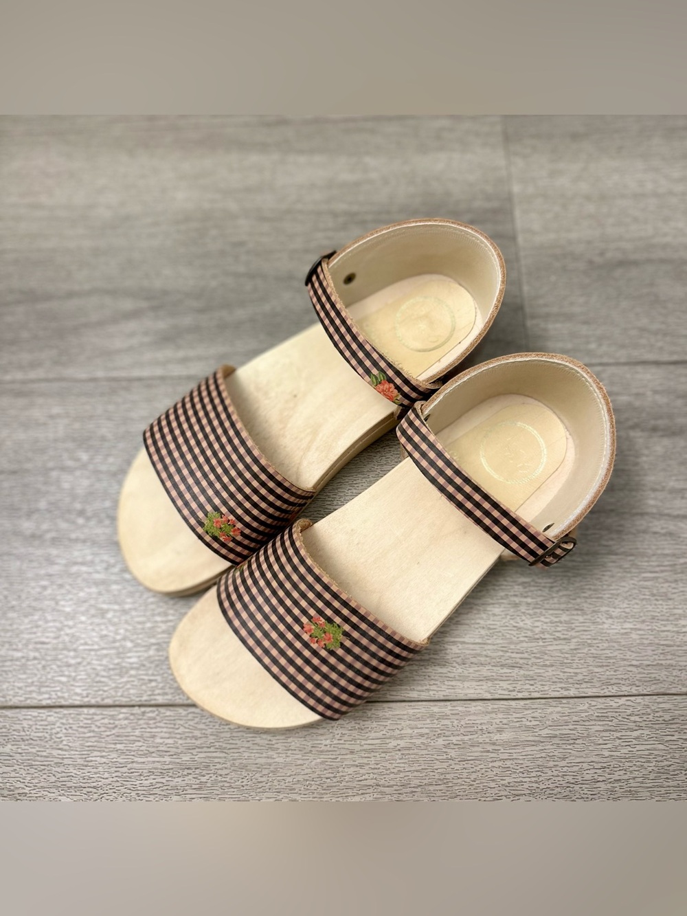 No.6 Store Two Strap Clog Sandal Gingham Floral Leather Flat Base Size 37
